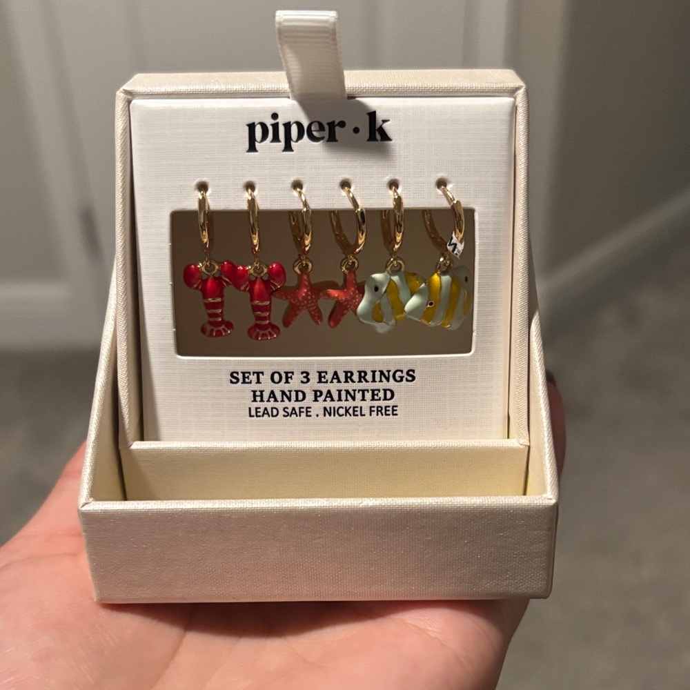 Piper Hand-Painted Red Lobster, Starfish & Yellow Striped Fish Hoop Earrings